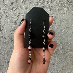 Chic Silver and Pink Rhodochrosite Bead Dangle Earrings